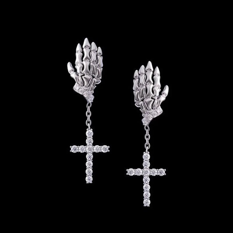 Demonia Skeleton Claw Cross Earrings