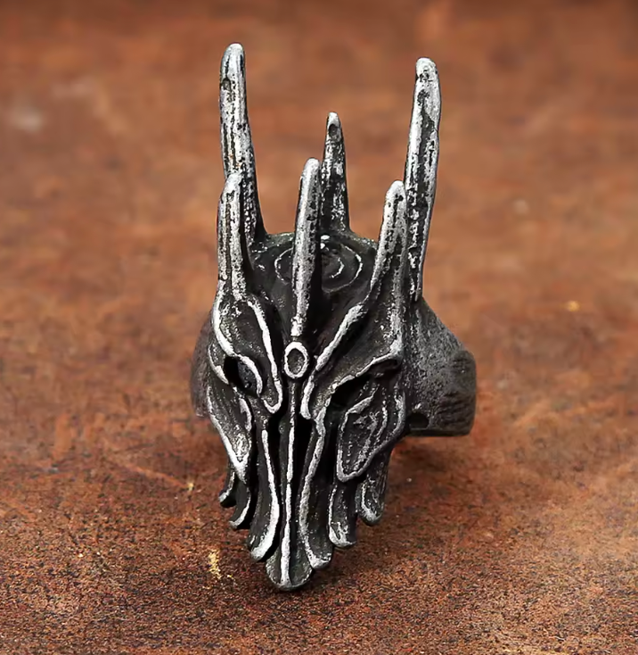 Demonia Black Sauron-Style Helm Ring – Vintage 316L Stainless Steel Gothic Punk Dragon Amulet