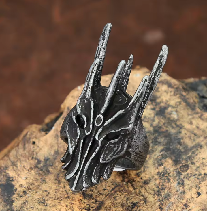 Demonia Black Sauron-Style Helm Ring – Vintage 316L Stainless Steel Gothic Punk Dragon Amulet