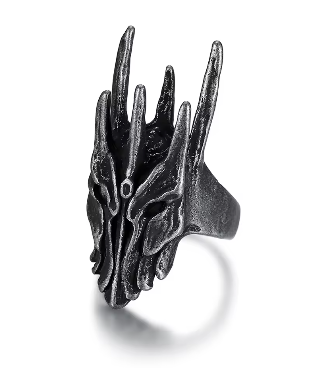 Demonia Black Sauron-Style Helm Ring – Vintage 316L Stainless Steel Gothic Punk Dragon Amulet