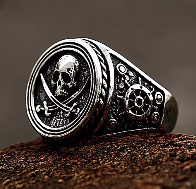 Demonia Pirate Skull Knife Ring – Vintage Gothic Stainless Steel Double-Blade Amulet
