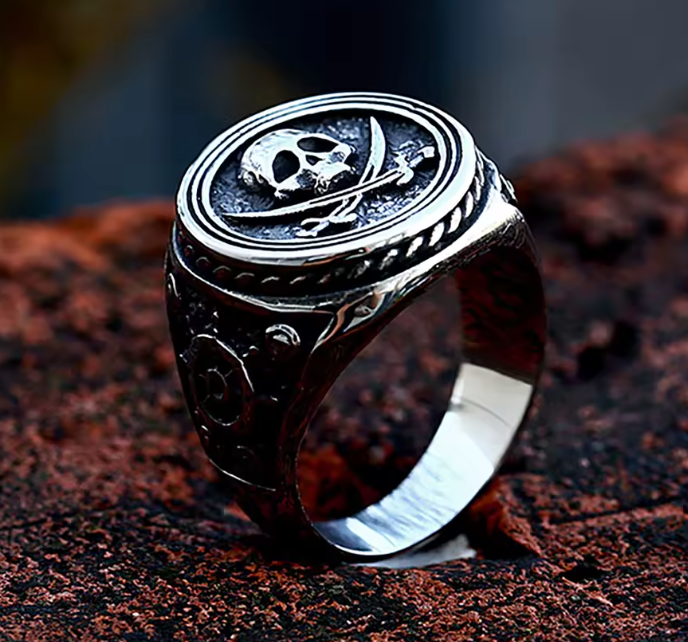 Demonia Pirate Skull Knife Ring – Vintage Gothic Stainless Steel Double-Blade Amulet