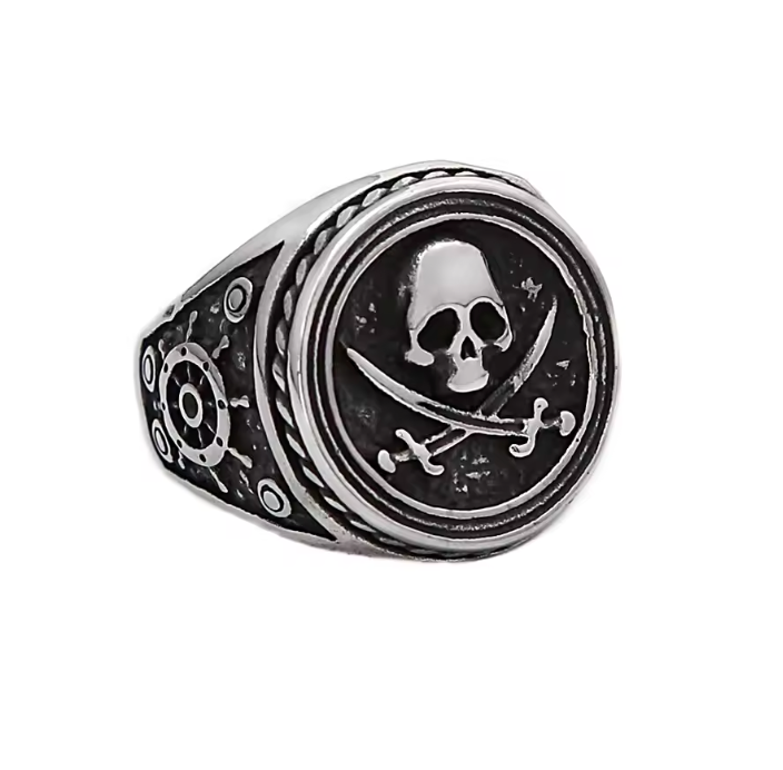 Demonia Pirate Skull Knife Ring – Vintage Gothic Stainless Steel Double-Blade Amulet