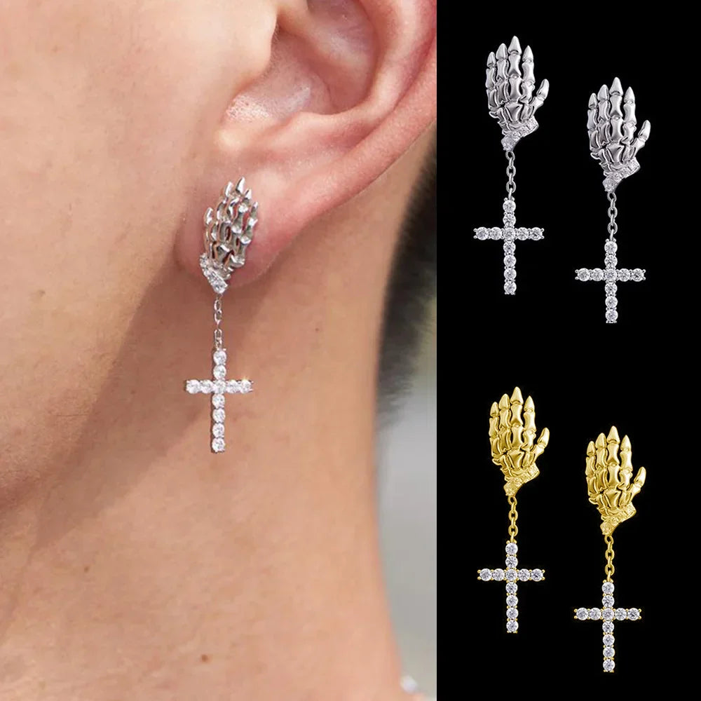 Demonia Skeleton Claw Cross Earrings